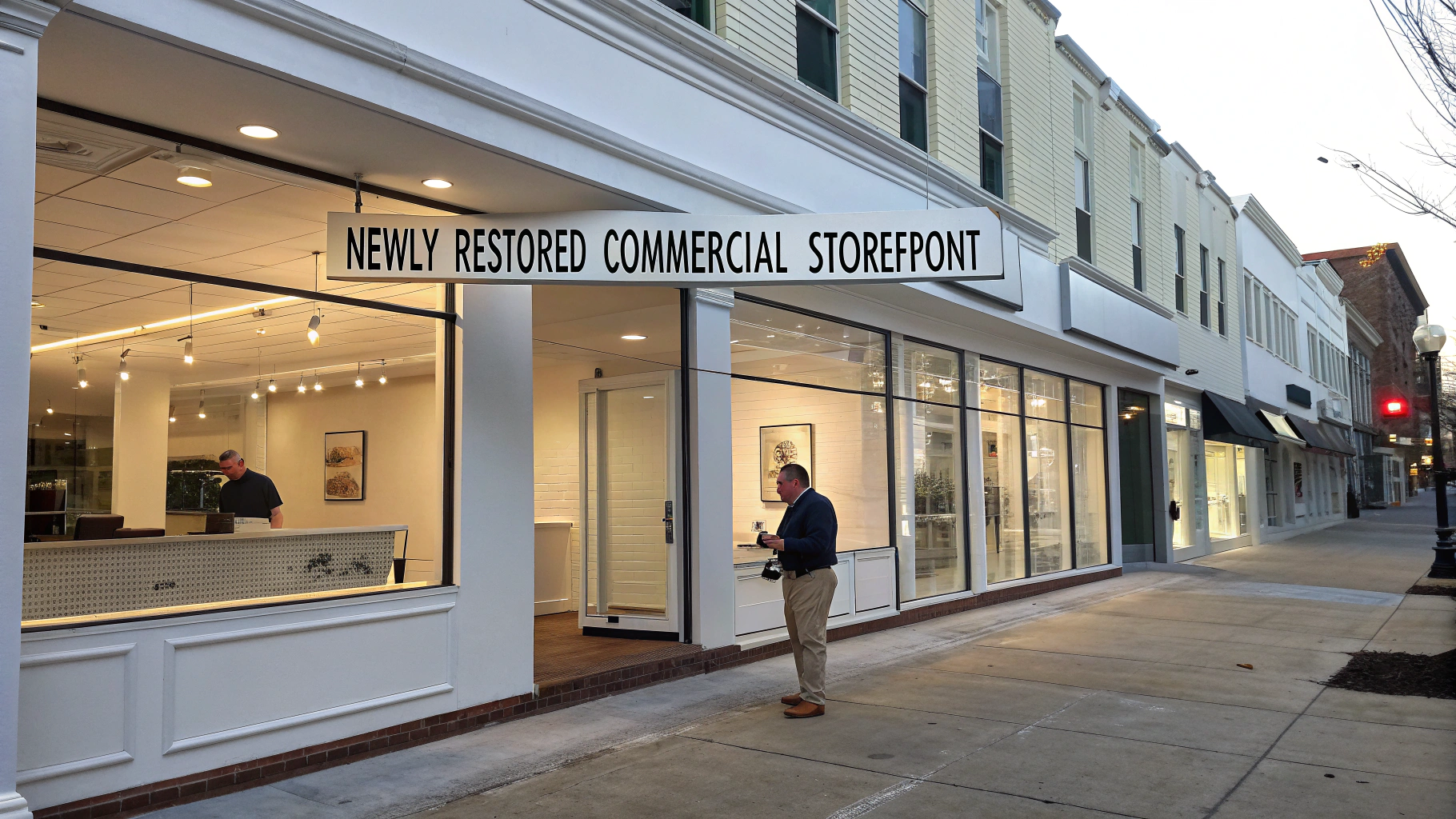Commercial property walkway and storefront pressure washed clean