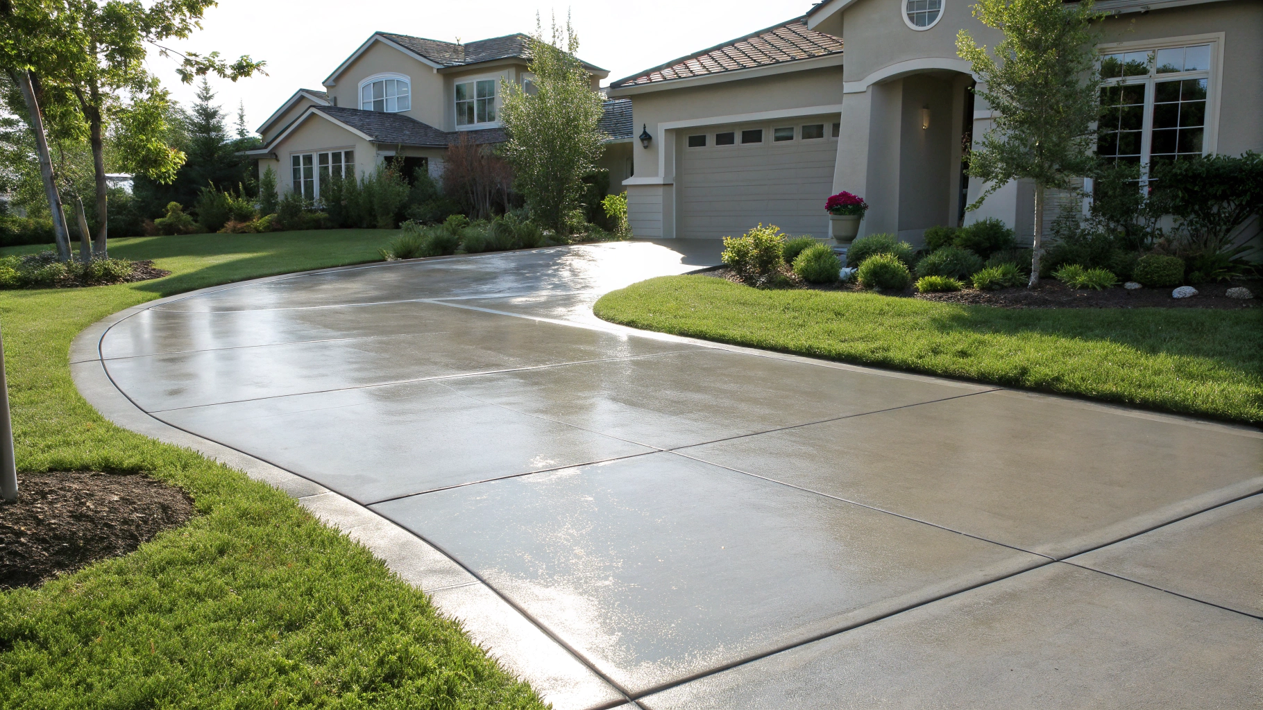 Bright concrete driveway cleaned and cleared of dark grime and tire marks