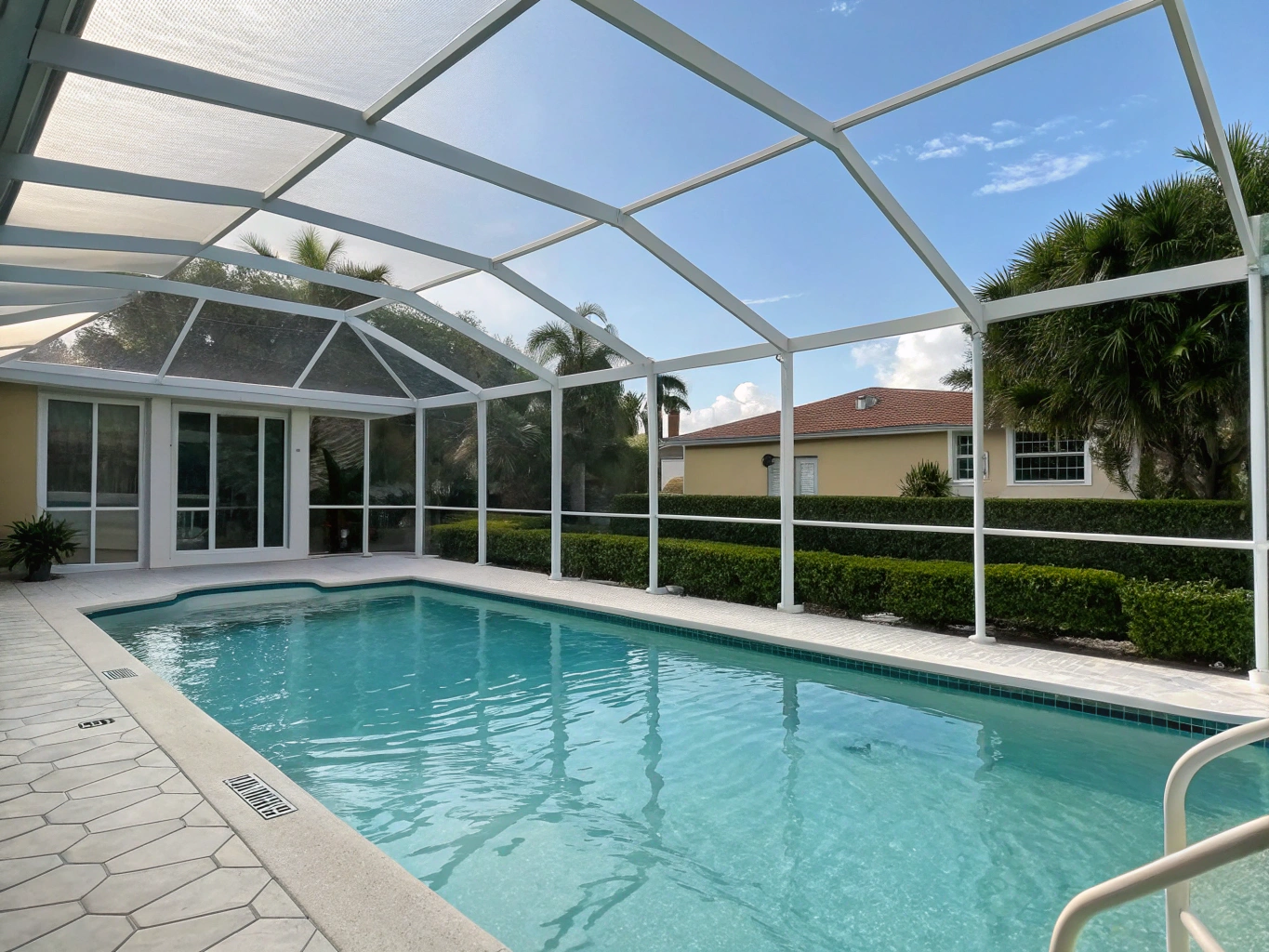 Clean pool lanai and screen enclosure free of green mildew in Celebration FL